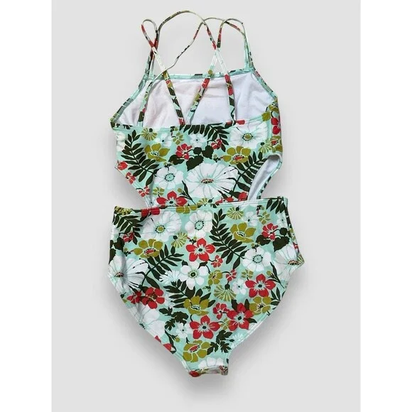 Kanu Surf Girls Beach Sport Cut-Out 1-Piece Swimsuit Tropical Print Size 14 - Picture 2 of 5